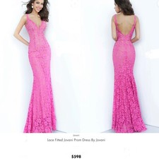 Jovani Lace Embellished V Front And Back Side Slit Hot Pink Gown US10 $598
