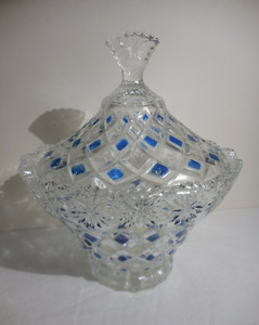 BRUSSELS Covered Candy Dish Sapphire Blue Clear Diamond Crystal Clear Ind Lid