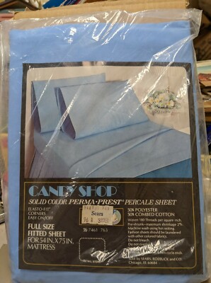 Vintage Sears Candy Shop Perma Prest Percale Full Fitted Sheet Solid Blue NIP 