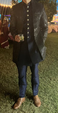 3-Piece Navy Blue with Gold Details Sherwani - One size