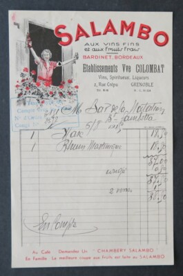 Rechnung 1935 SALAMBO AU VIN FIN BARDINET COLOMBAT GRENOBLE illustriert 72