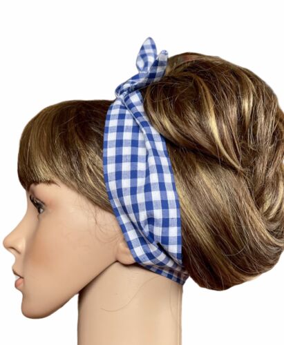 Blue gingham hair scarf, retro 40's headband, forties style checked self tie up - Afbeelding 1 van 6