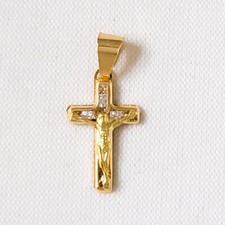 14K Yellow Gold Crucifix Cross Pendant Charm with CZ Stones, 0.8 mm Cable Chain