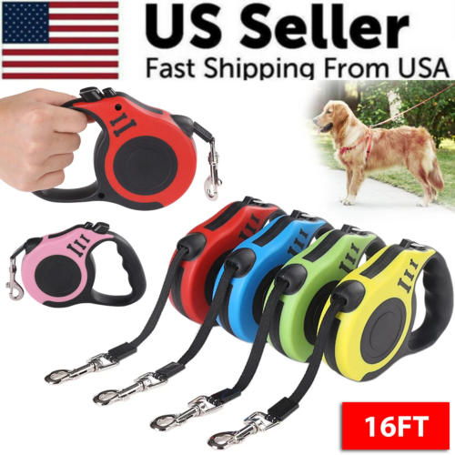 16.5FT Automatic Retractable Dog Leash Pet Collar Automatic Walking Lead Free US - Afbeelding 1 van 13