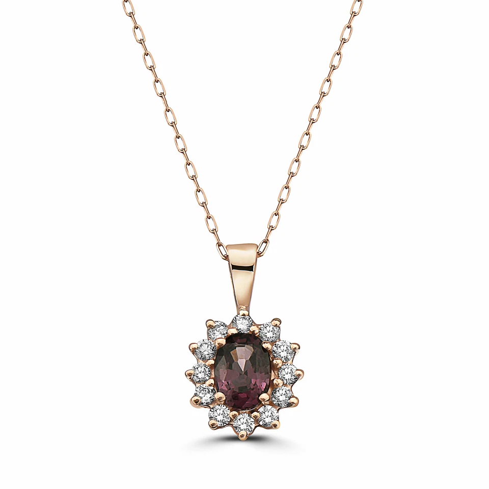 Birthstone 14K Rose Gold Purple Spinel Nude Diamond 0.74 ct 18" Pendant Necklace