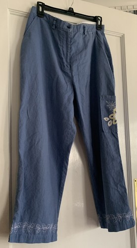 Vintage Christopher & Banks Linen Cotton Cropped Pants 10 Embroidered Flowers * - Picture 8 of 19