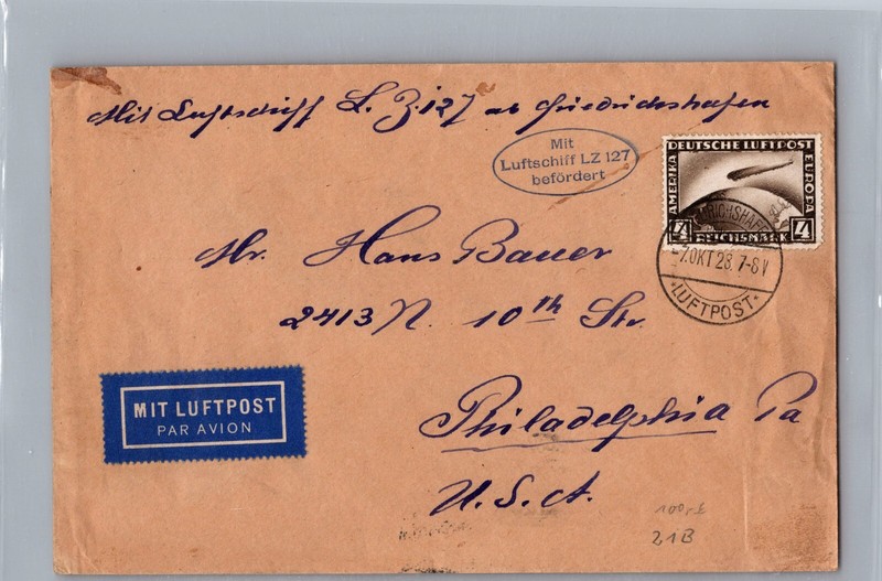 1928 Germany Graf Zeppelin LZ 127 Airmail Cover to USA PA Philadelphia