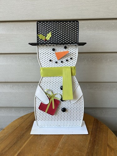 Snowman Holding Present With Holes Quirky Metal Christmas Statue Decor 14"