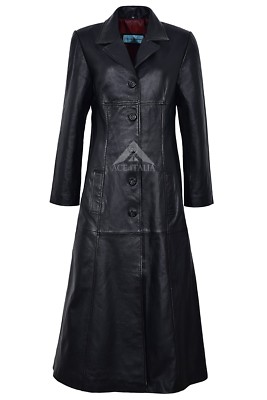 Trench Ladies Black Leather Coat With Red Lining Full-Length