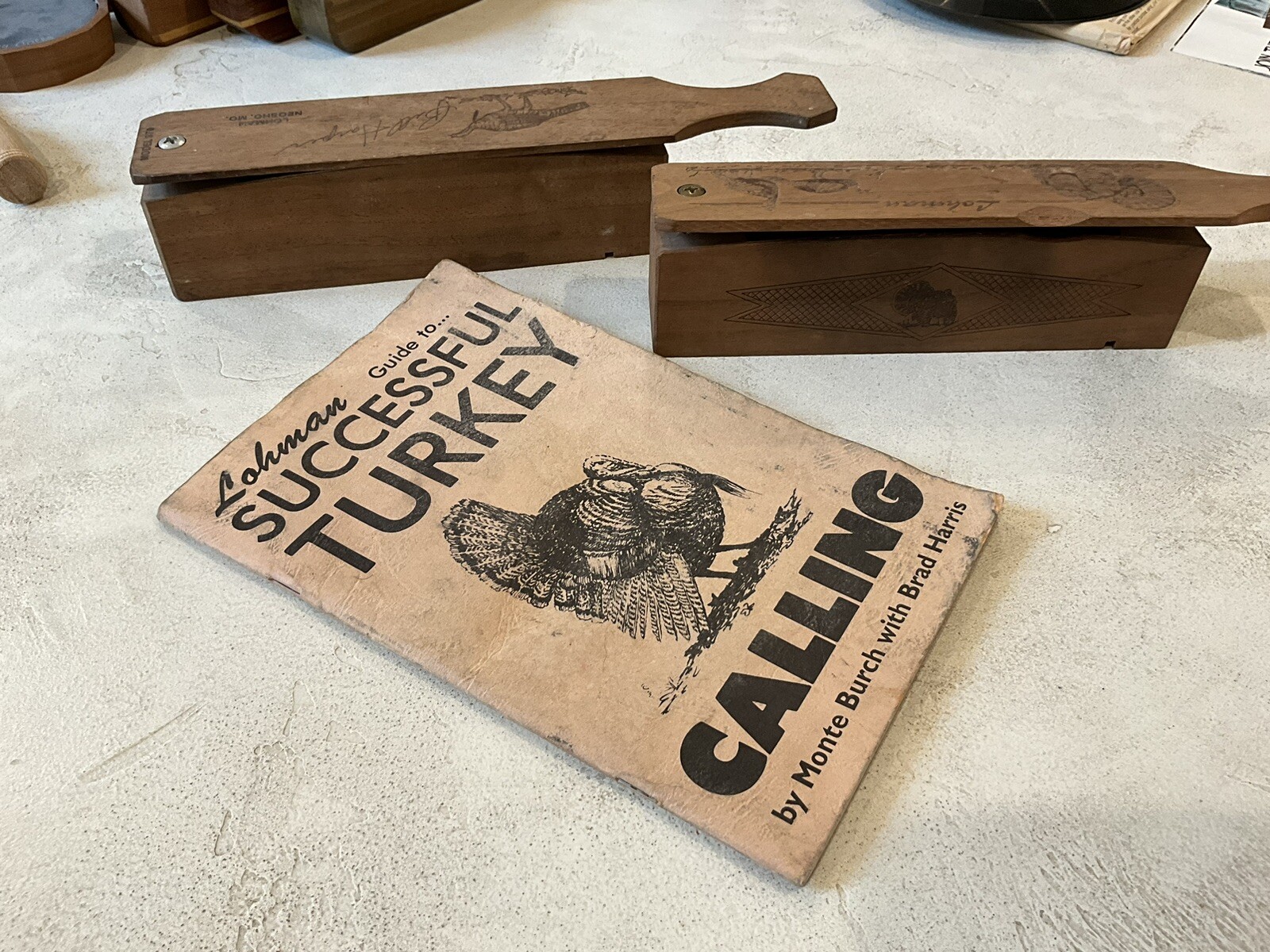 Pair Of Vintage Lohman Box Turkey Calls With Cool Calling Guide From