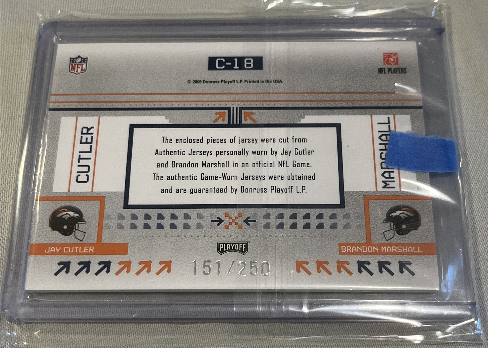 2008 Prestige Connections Jersey Worn 151/250 Brandon Marshall Jay