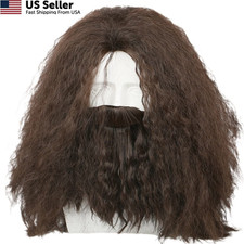 Halloween Wig with Beard Cosplay Costume Adult Men Brown 2 Piece Set,