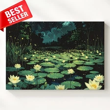 Canvas Sky Dreamy Tranquil Lily Wall Art Serene Mystical Night Pond Fireflies