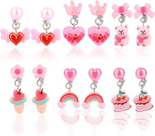 6 Pairs Kids Clip on Earrings for Girls, No-Pierce Cute Sweet Pink Heart Ice Cre
