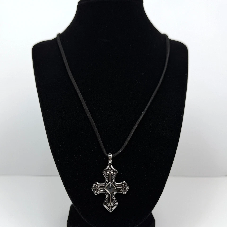 Collar Colgante Cruz Ágata Negra Acero Inoxidable Vintage Estilo Antiguo Plata Foto 2 de 4