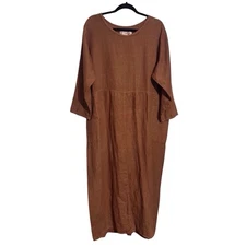 Rose Made In Texas X-Large Brown Linen Maxi Dress Lagenlook Cottagecore Pockets