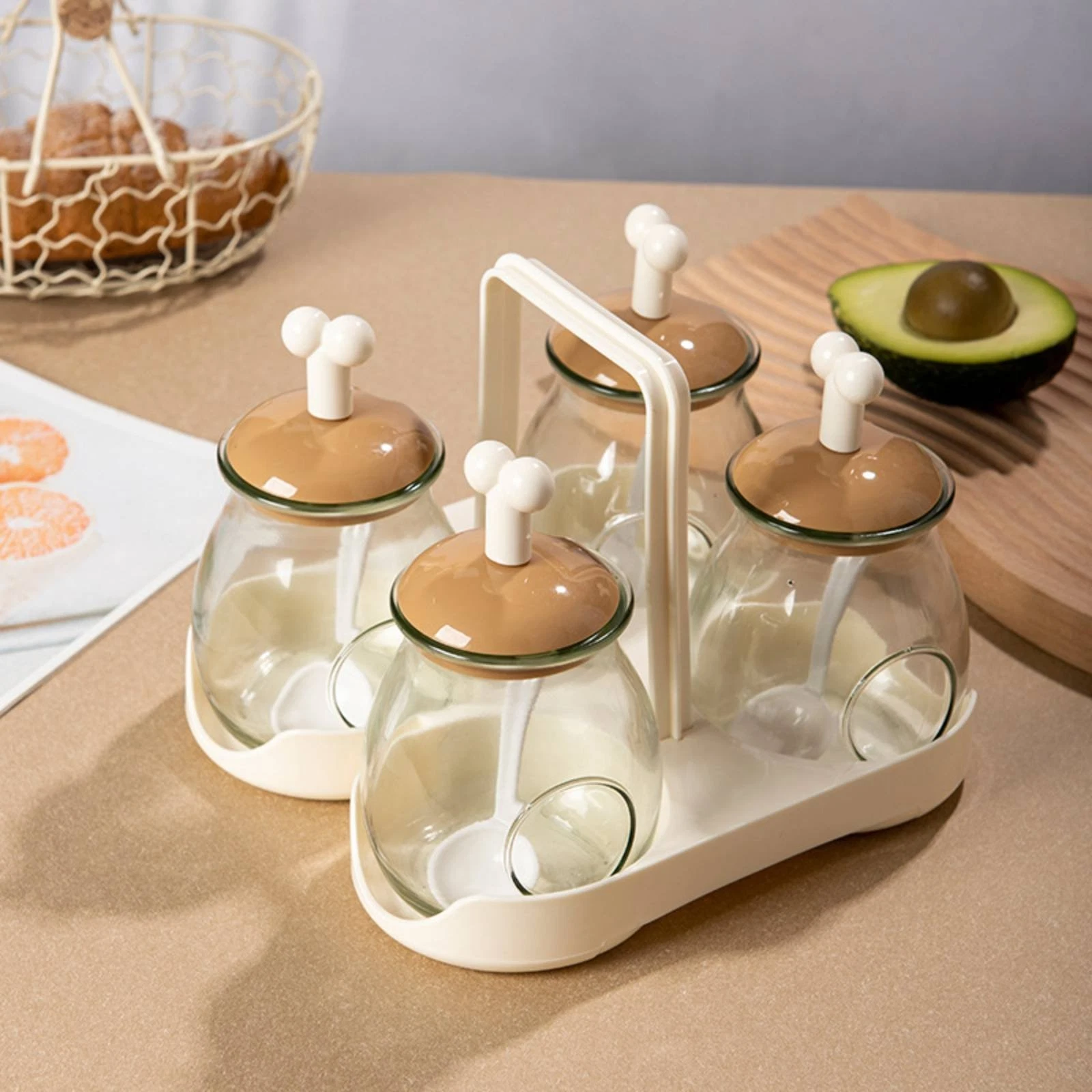 4-Piece Seasoning Box Set Easy to Clean Glass Seasoning Pots with Spoons And