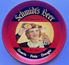 HTF SCHMIDTS BLOND GIRL POURING BEER VINTAGE ADVERTISING TRAY VGC