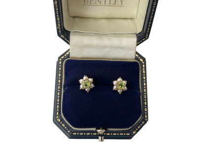 1984 Cultured Pearl & Peridot Earrings 9ct Gold Cluster Peridot Vintage Earrings