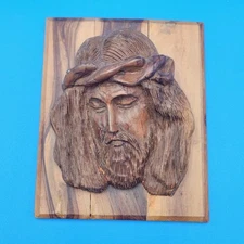 Jesus Christ Religious Bust 3D Relief Face Carved Wood Mounted Hanging 6" x 5"
