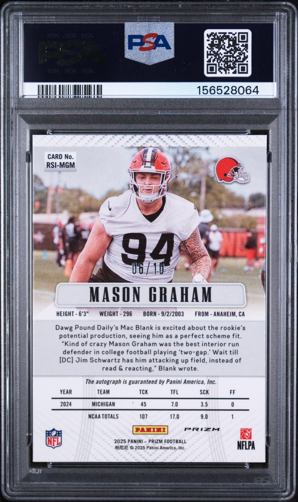 2025 Panini Prizm Mason Graham RC Auto Gold Prizm /10 PSA 10 Browns view 2
