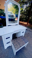 White Wood Vanity Set w/ Arched Mirror & Stool, 4 Drawers, Freestanding
