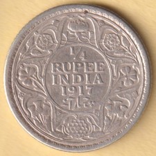 BRITISH INDIA 1917 KING GEORGE V 1/4 RUPEE RARE SILVER COIN