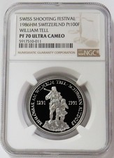 1986 PLATINUM SWITZERLAND 1oz WILLIAM TELL SHOOTING THALER NGC PF 70 UC 3250.00 per troy oz