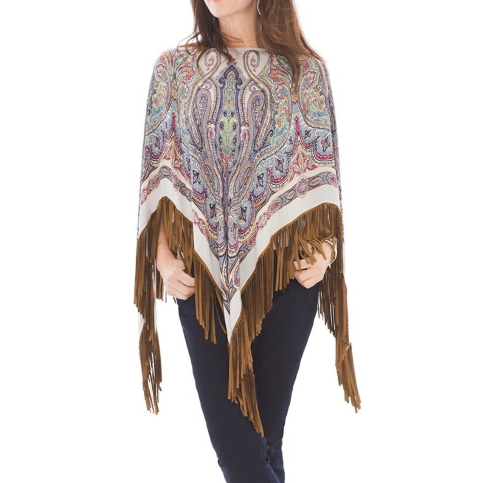 Chico’s Paisley Triangle Poncho, Faux Suede Trim, One Size Fits All