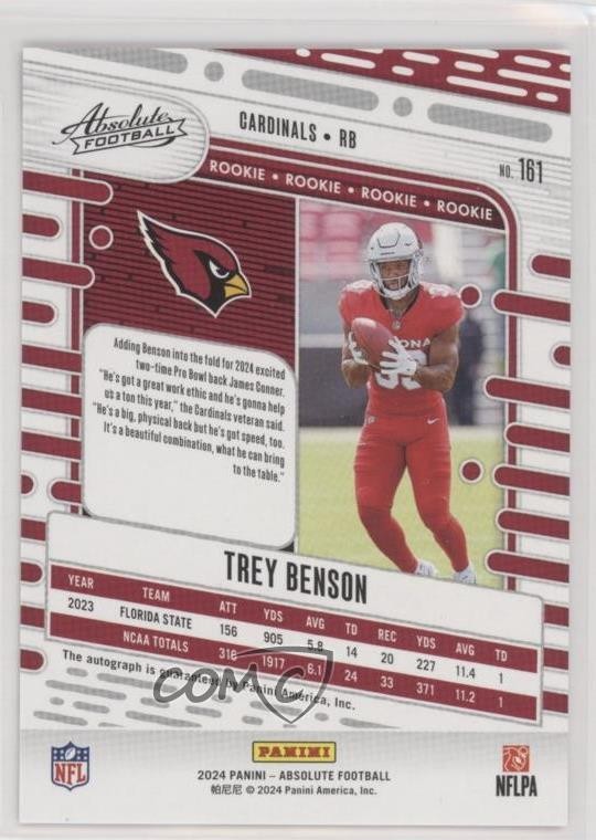 2024 Panini Absolute Rookies Signatures Trey Benson #161 Rookie Auto RC 06n3