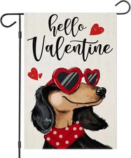 Hello Valentines Garden Flags 12x18 Inch Double Sided, Dachshund Dog with Love S