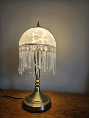 Art Deco Style Beaded Fringe Table Lamp Glass Shade Vintage Boudoir Servlite