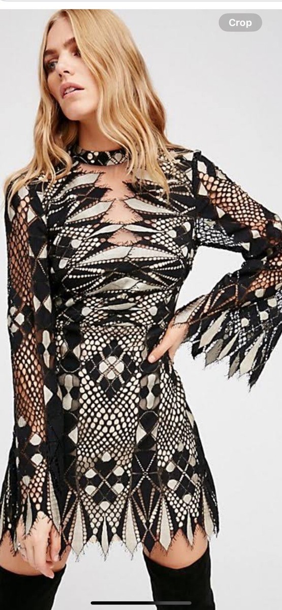Free People Deco Lace Mini Illusion PARTY DRESS Long Cutout Sleeves Size 2