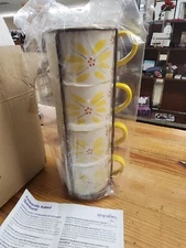 Temp-tations Yellow Flowers OLD WORLD Stackable Mugs - Bright! Brand New Unopen 