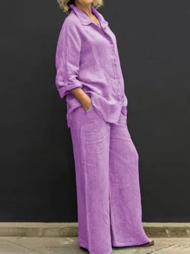 Damen Baumwolle Leinen Anzug Hemd Lockere Hose Set Langarm Freizeit Sets Sommer - Bild 11 von 32
