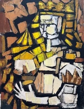 Vintage 70s Abstract Cubist Figural Oil Painting Modern Art MCM Signed Therien
