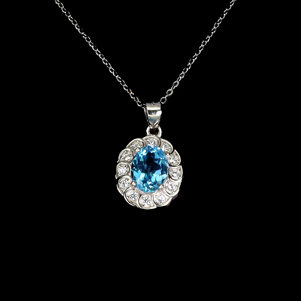 925 Sterling Silver Necklace Oval Swiss Blue Topaz Gemstone