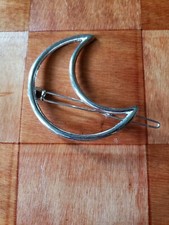 Vintage Crescent Moon Hair Clip Silvertone Barette Holder Planetary Solar System