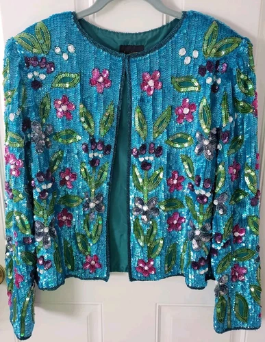 Vintage Mary McFadden LARGE Sequin Turquoise SILK Beads Jacket Floral Mardi Gras