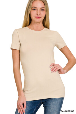 Womens Short Sleeve Crew Neck Cotton Basic T-Shirt Long Top Fitted Plain Stretch