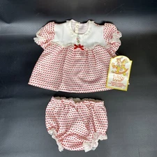 Vintage Lullaby Land Girl Infant Baby 2 pc Outfit Clothing Acrylic White Red Dot