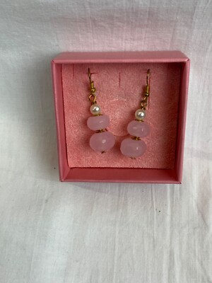 Women's Metal Pink Stone White Pearl Pendant Earrings