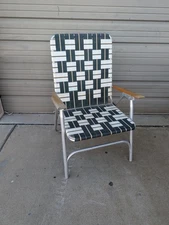 Vintage Aluminum Webbed Lawn Chair Folding High Back Patio Chair Wood Arms Retro