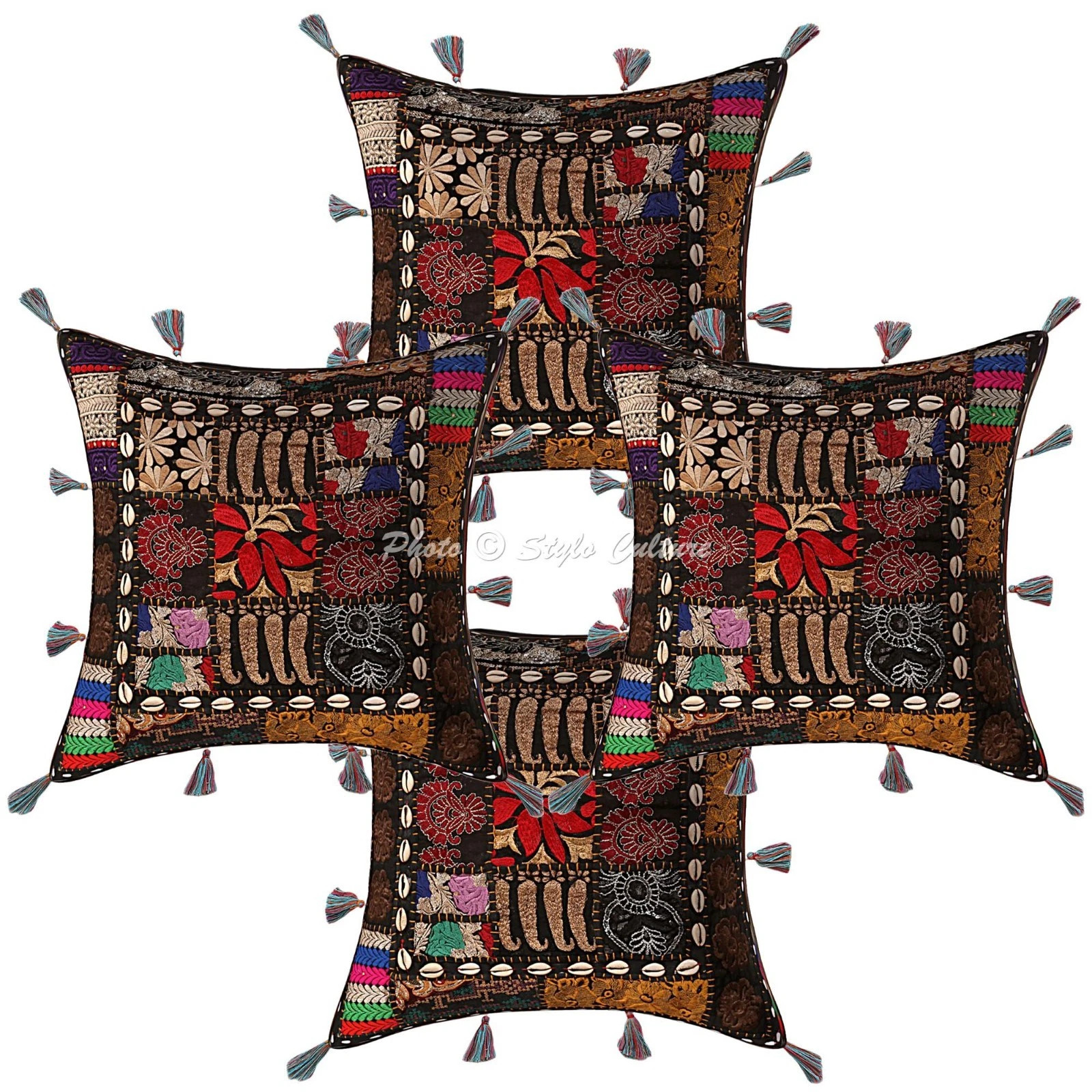Boho Cotton Throw Pillow Covers Patchwork Cowry Tassels Black Floral Home Decor