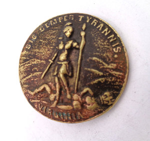 Civil War Virginia State Seal Button Pin Sic Semper Tyrannis Brass Relic