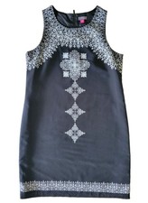 Vince Camuto 8 Shift Dress Boho Folk Art Geometric Black White Sleeveless