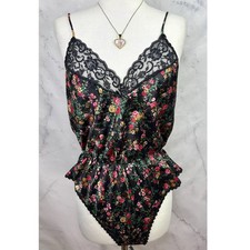 Vtg 80s Hi-Cut Bodysuit Teddy Snap Crotch Whimsigoth Lingerie Satin Lace Floral