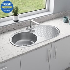 Stainless Steel Inset Round Kitchen Sink Single Bowl Reversible Drainer Waste