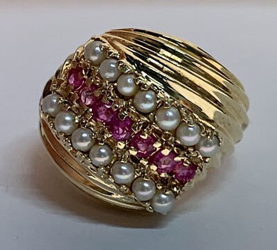 Ring mit Perlen und rosa Rubin 14 Karat massiv Gelbgold, Vintage, Nachlass, Cocktail