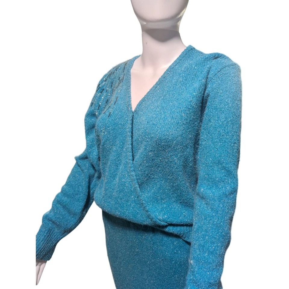 Conjunto Top Vintage Raoul Petite Seda Mezcla Angora Tejido Cuentas Envolvente con Falda Talla M Foto 3 de 4